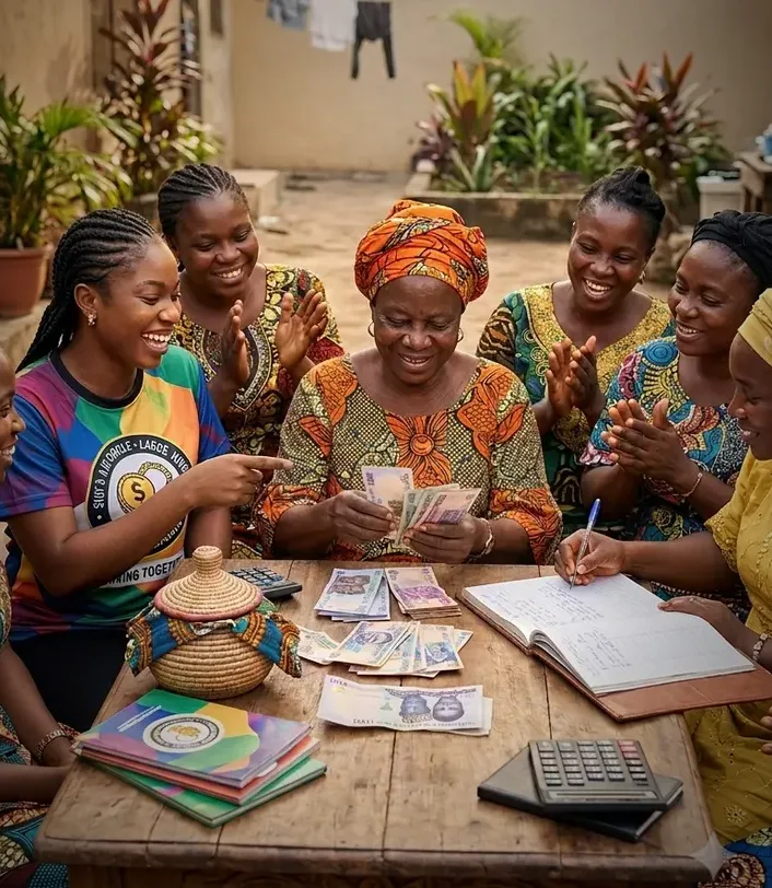 A savings circle of women counting and recording their contributions together
