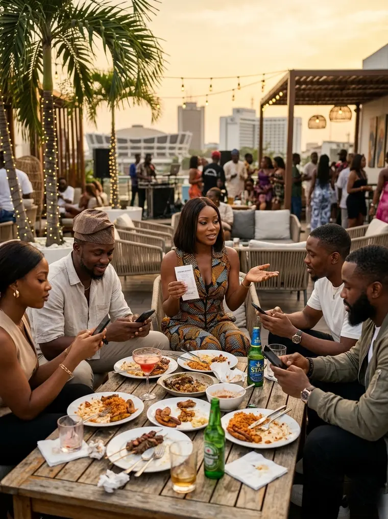 Friends gathered at a festive rooftop dinner during the December season