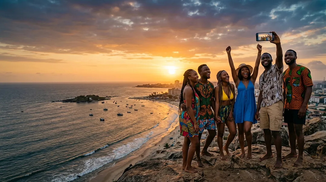 Friends celebrating together at sunset over the coast during a trip
