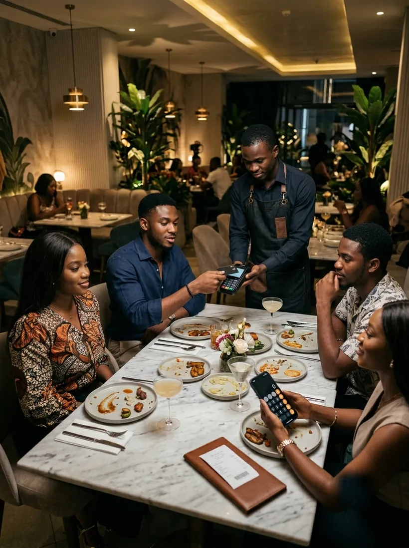 Friends sharing a meal at a restaurant table, splitting the bill